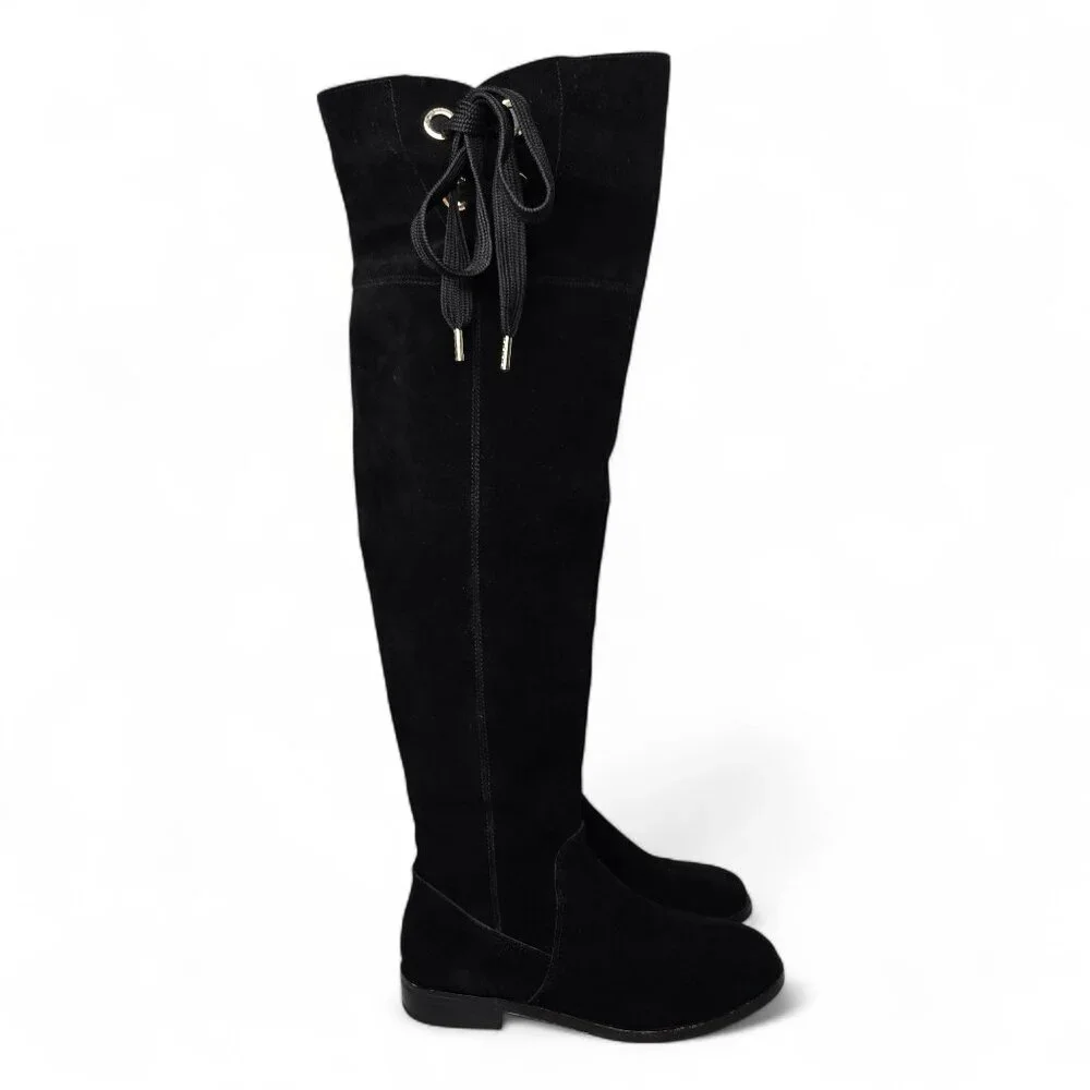 Kate Spade New York Over The Knee Boots Women's Black‎ Suede Gold Trim Tall 5M